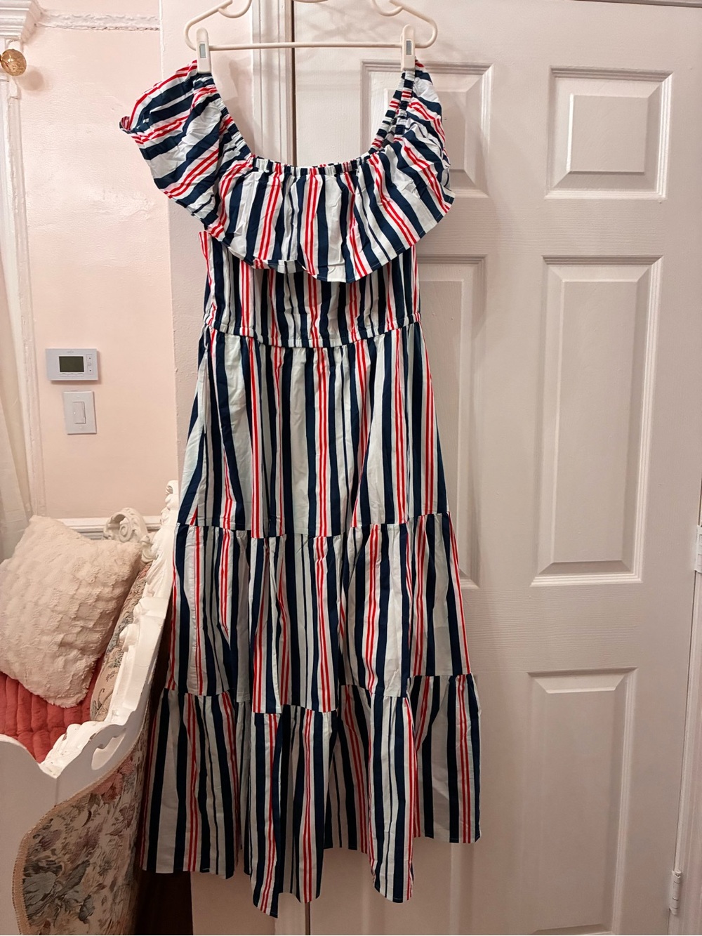 Lane Bryant Navy, White & Red Striped Off-Shoulder Maxi Dress